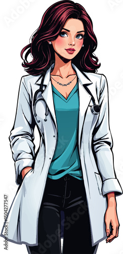 a woman in a white coat and black pants