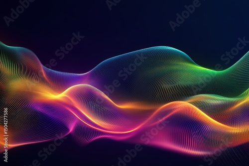 Abstract luminous data points create undulating waves of vivid, brilliant hues upon a dark background