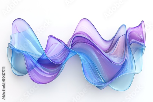 Abstract translucent ribbon flows with fluid grace, showcasing blue and purple hues on white