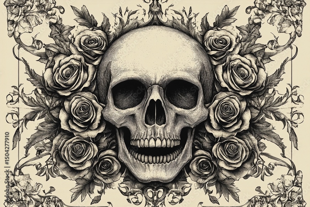 Fototapeta premium Intricate skull design surrounded by roses in artistic composition