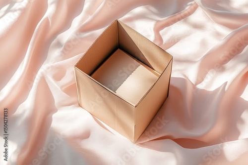 Cardboard box rests empty upon silky, soft pink fabric, suggesting a new beginning and opportunities