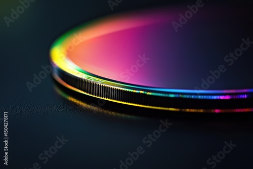 Circular ring with rainbow gradient casts reflections on the dark, textured surface below it