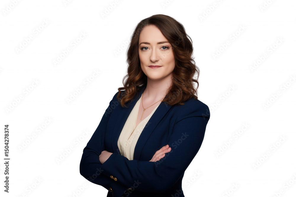Young woman in navy blue blazer and beige blouse with arms crossed, isolated on transparent background Young woman in navy blue blazer and beige blouse with arms crossed, isolated on transparent background