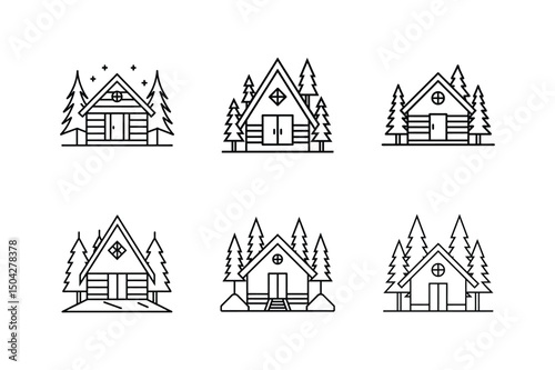 cabin in woods line art vector illustration