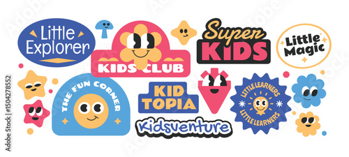 Cartoon play kids stickers, badges, patchs collection. Colorful kids zone sign for emblems and labels.