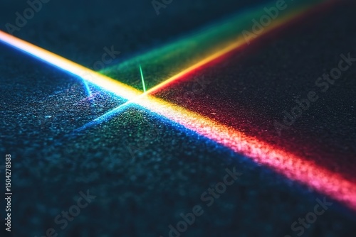 Colorful light streaks gleam vividly on dark textured surface creating a vibrant prism effect