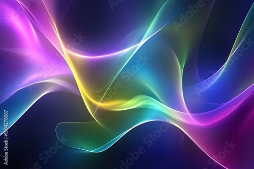 Colorful neon light waves artistically flowing across the dark gradient backdrop with gentle luminosity