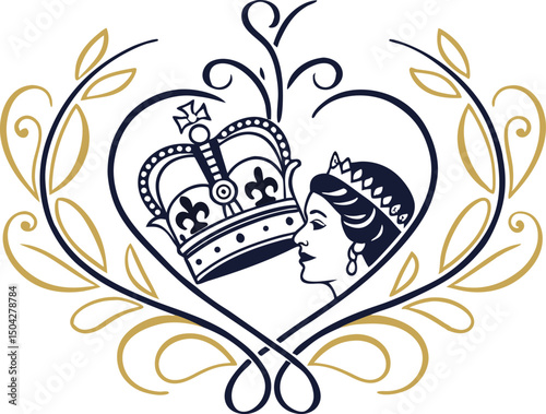 Royal Heart and Crown Wedding Insignia with Elegant Foliage and Queen's Profile - Perfect for Luxurious Invitations, Regal Celebrations, and Timeless Keepsake Designs