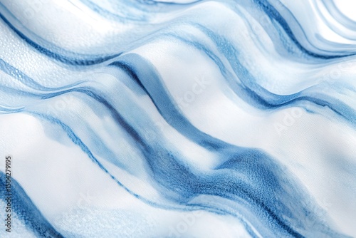Delicate white fabric features flowing stripes of blue with a soft, rippling texture
