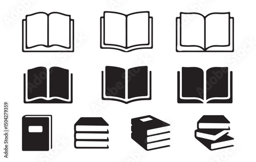 Book icon vector. open book icon set. open book icons with paper pages in line and silhouette style. Vector illustration