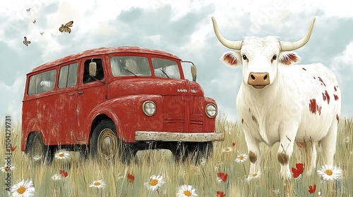 A red truck stands beside a white cow in a field