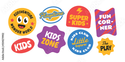 Cartoon play kids stickers, badges, patchs collection. Colorful kids zone sign for emblems and labels.