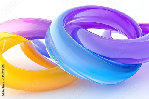 Intertwined colorful glossy torus shapes form a captivating and dynamic abstract on a bright background