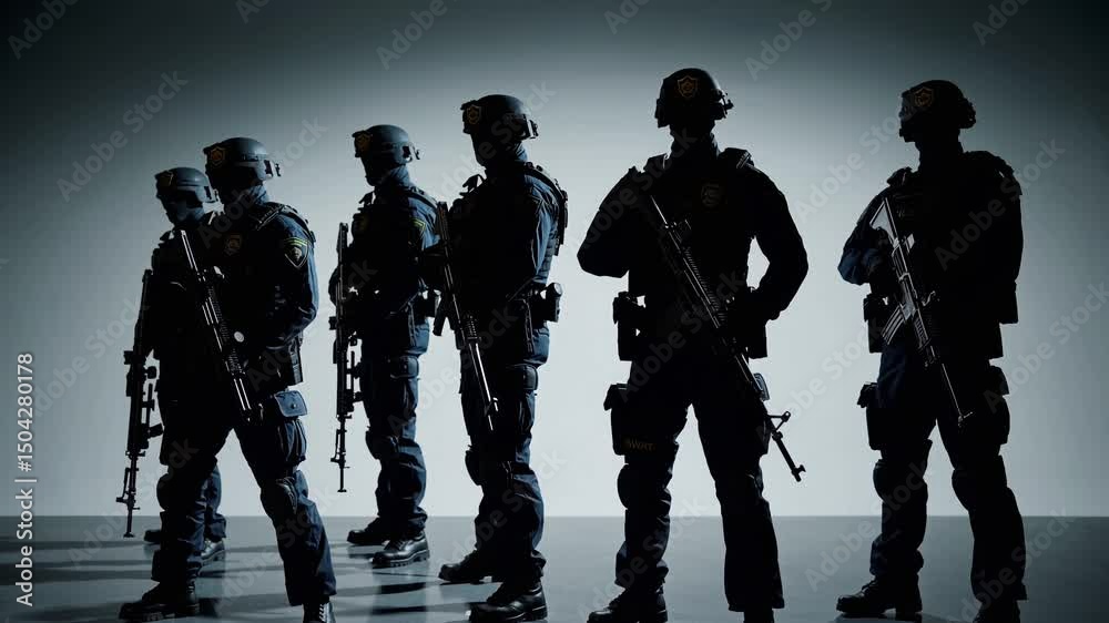 Six armed police officers standing in silhouette against a light background  