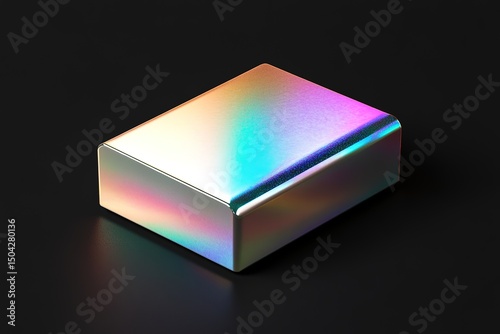 Iridescent light refracts across a metallic cuboid on a dark background creating vibrant rainbow hues