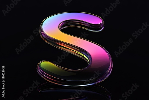Iridescent letter S reflects light showing a spectrum of colors against a dark backdrop