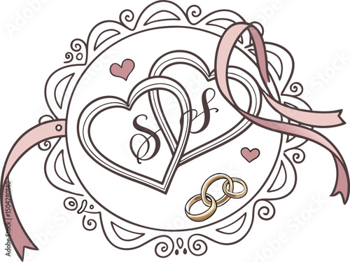 Delicate Heart and Ribbon Wedding Insignia with Intertwined Rings - Perfect for Personalized Invitations, Romantic Celebrations, and Timeless Love Memorabilia