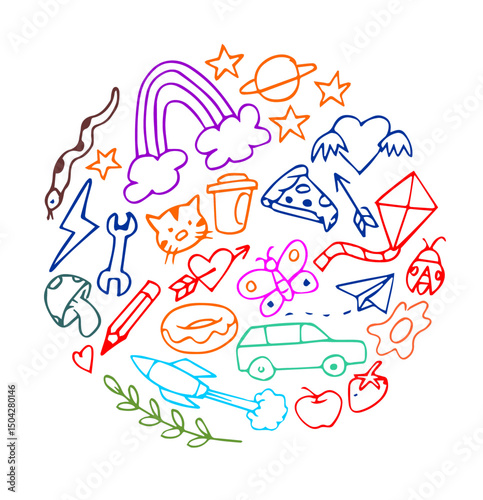  Vector illustration of Doodle cute for kid, Hand drawn set of cute doodles for decoration on white background.