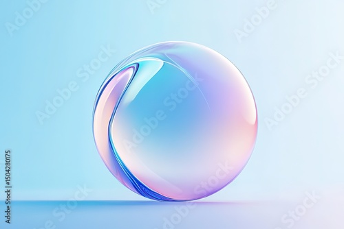 Iridescent orb reflects serene blue hues and subtle color gradients on a delicate surface