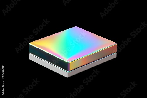Iridescent rectangular prism reflects holographic colors atop a chrome base against a stark black background