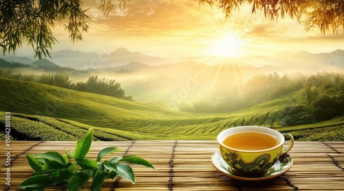 Tranquil tea time amidst lush tea plantations at sunrise