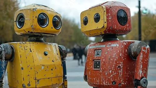 Two vintage robots stand sidebyside outdoors