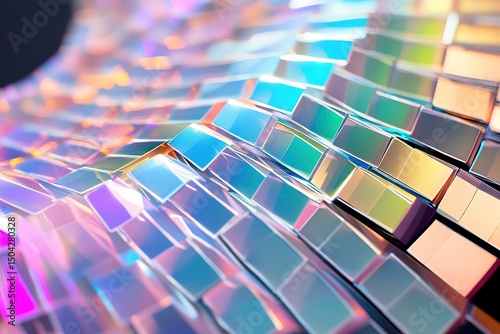 Iridescent surface shines with geometric, colorful arrangement of reflective squares, creating vibrant background imagery