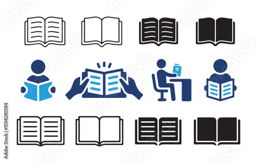 Book icon. Vector isolated book sign collection. Simple book symbol. open book icons with paper pages in line and silhouette style. Vector illustration eps 10