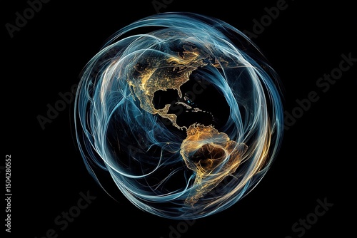 Luminous blue swirls encircle a golden Earth showing America and South America clearly