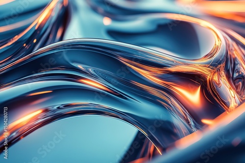 Luminous orange streaks highlight undulating blue liquid forms in a visually captivating abstract macro image