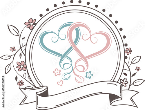 Intertwined Heart Wedding Insignia with Floral Frame and Banner - Ideal for Romantic Invitations, Marriage Celebrations, and Elegant Keepsakes