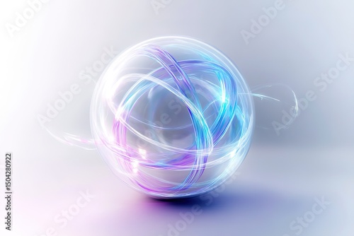 Luminous sphere with swirling purple and blue ribbons resting gracefully on the soft white surface
