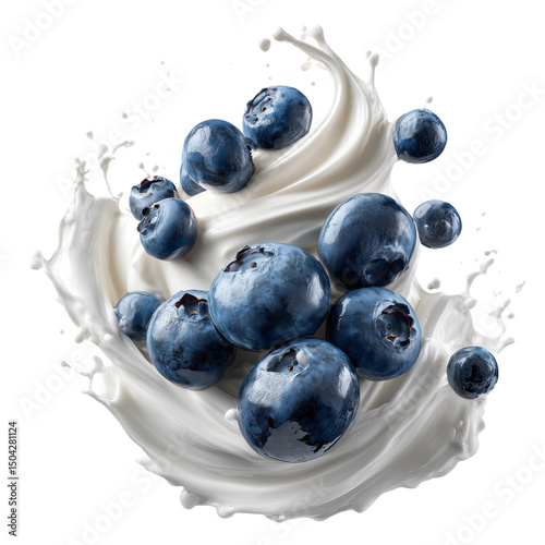 Juicy blueberries splashing in creamy milk, a vibrant image showcasing freshness and vitality. Perfect for food and health themes. PNG format on transparent background for easy use.
