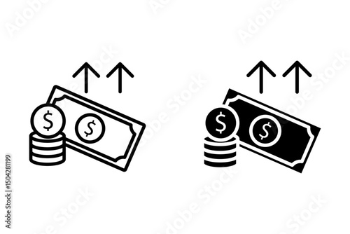 Dollar rate increase sign, Money payout investment icon for web design isolated on white background
