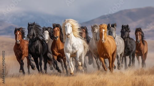 Galloping horses in open field nature scene vibrant landscape