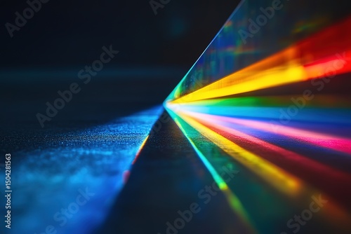 Refracted light breaks into vibrant rainbow spectrum, casting colourful reflections on a glossy dark surface