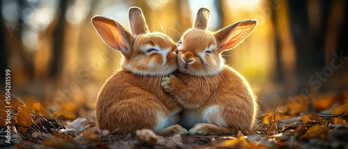 Playful rabbits embracing in autumn forest cute animal photography