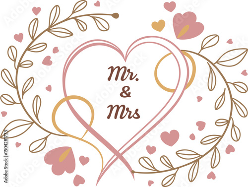 Charming Heart and Floral Wedding Insignia - Ideal for Mr. & Mrs. Invitations, Elegant Stationery, Romantic Celebrations, and Timeless Marriage Keepsakes