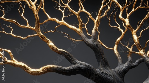 Detailed close-up of a gold-leafed, intricate tree branch structure.