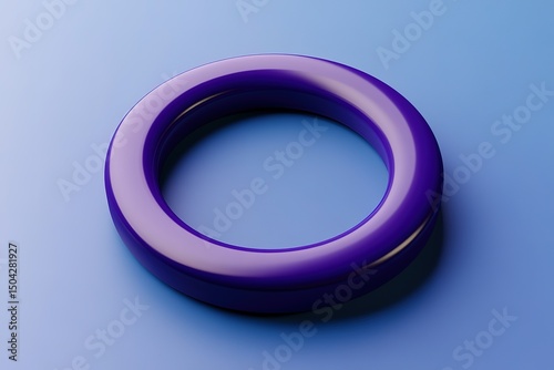 Shiny purple torus rests on light blue background creating interesting abstract perspective and shadows