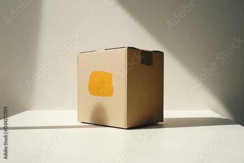 Sunlight accentuates a closed, taped cardboard box with a yellow square detail placed on a white table