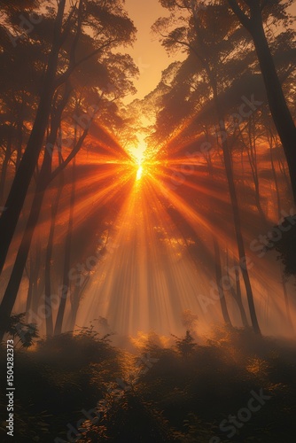  vibrant sunset casts a golden glow over a dense verdant forest with towering trees stretching towards the sky