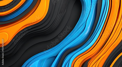 Abstract layered shapes in orange, blue, and black.  Dynamic curves and folds create a visually engaging design