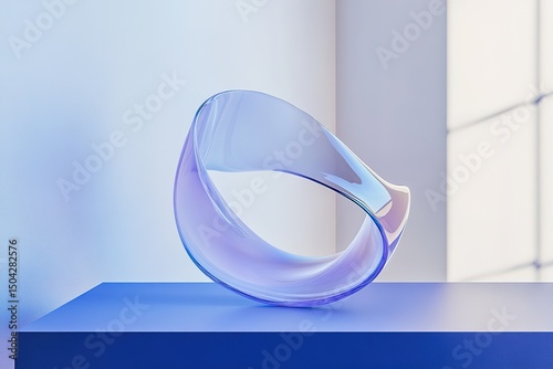 Translucent blue glass sculpture elegantly rests upon the matching platform, highlighting its curved, artistic form