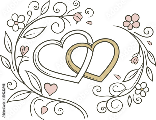 Intertwined Heart Wedding Insignia with Elegant Floral Accents in Pastel Colours—Ideal for Romantic Wedding Invitations and Celebratory Decor