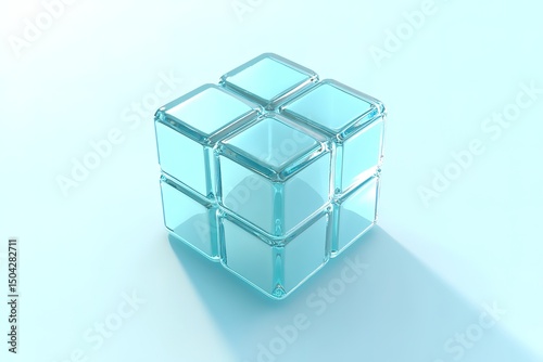 Transparent aqua ice cube formed with stacked glass blocks reflects soft light