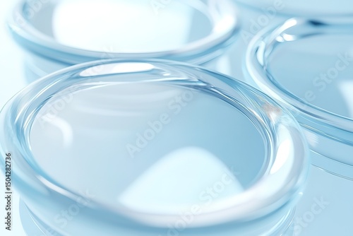 Transparent blue glass rings create abstract circles in a shiny minimalist composition