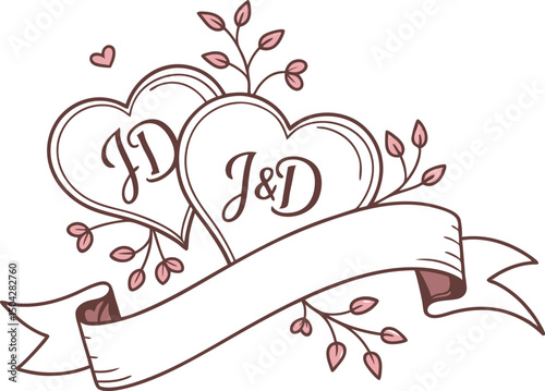 Elegant Twin Hearts Wedding Insignia with Personalized Initials and Ribbon—Perfect for Custom Invitations and Romantic Wedding Celebrations