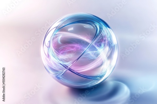 Transparent sphere with swirling neon currents creates a visually stunning ethereal effect on smooth background