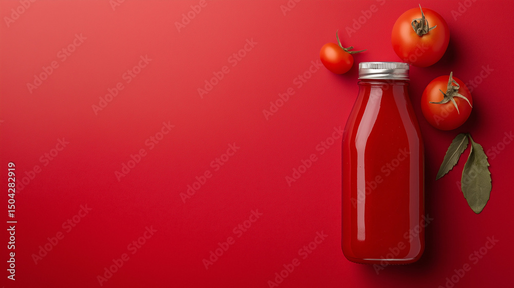 Obraz premium A small glass bottle filled with rich red ketchup placed on a red background atop a clean table surface, highlighting its smooth texture and glossy finish. 